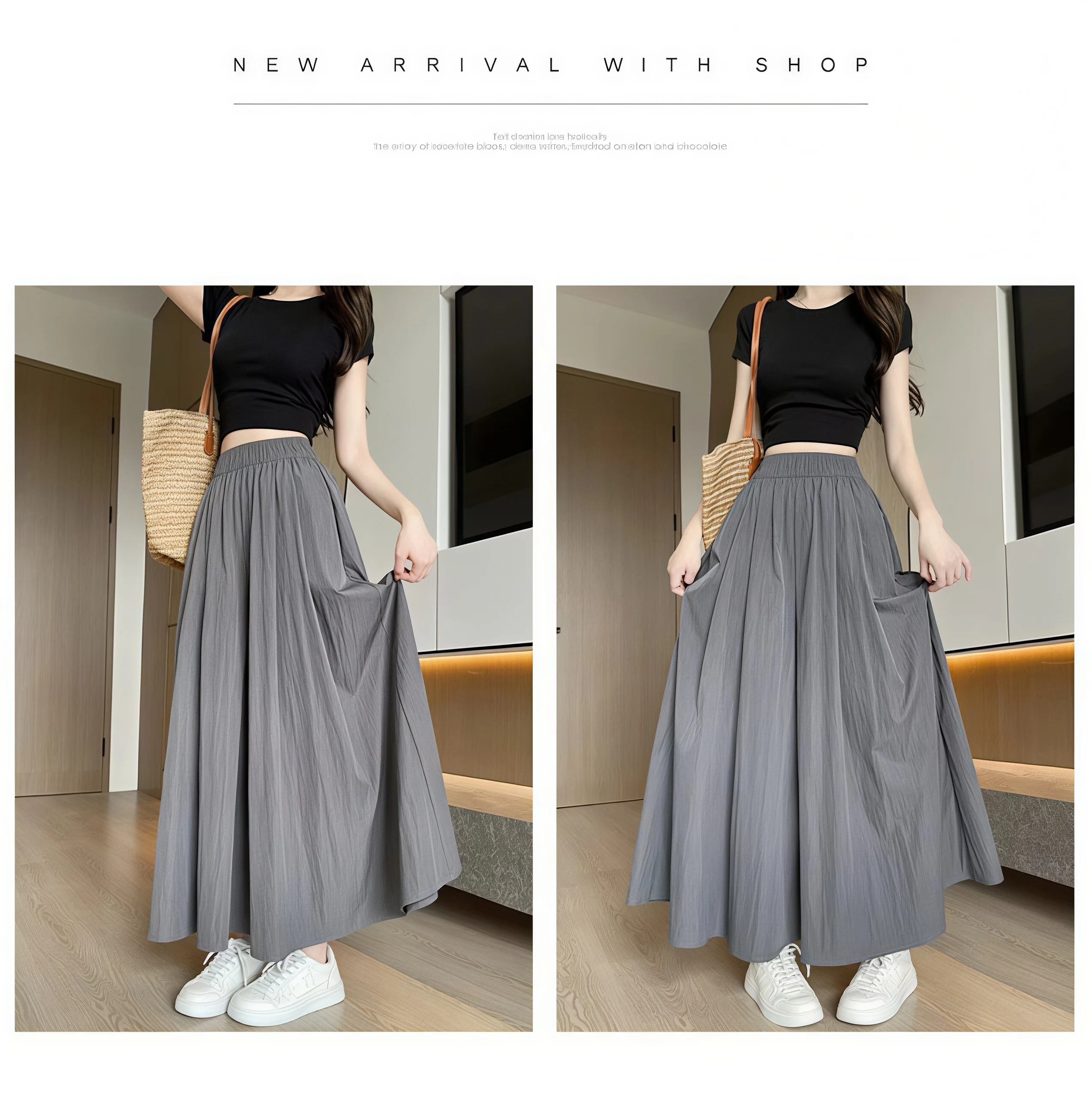 Women Summer Ice Silk Skirt Pants High Waist Elastic Pleated Wide Leg Pants Loose Flowy Lightweight Casual Long Palazzo Trousers