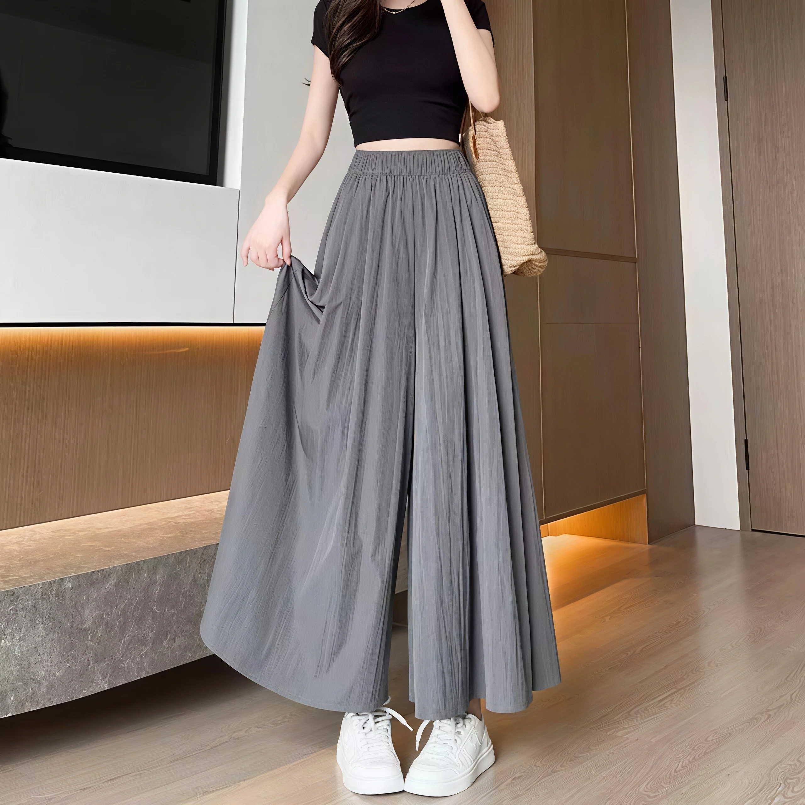 Women Summer Ice Silk Skirt Pants High Waist Elastic Pleated Wide Leg Pants Loose Flowy Lightweight Casual Long Palazzo Trousers