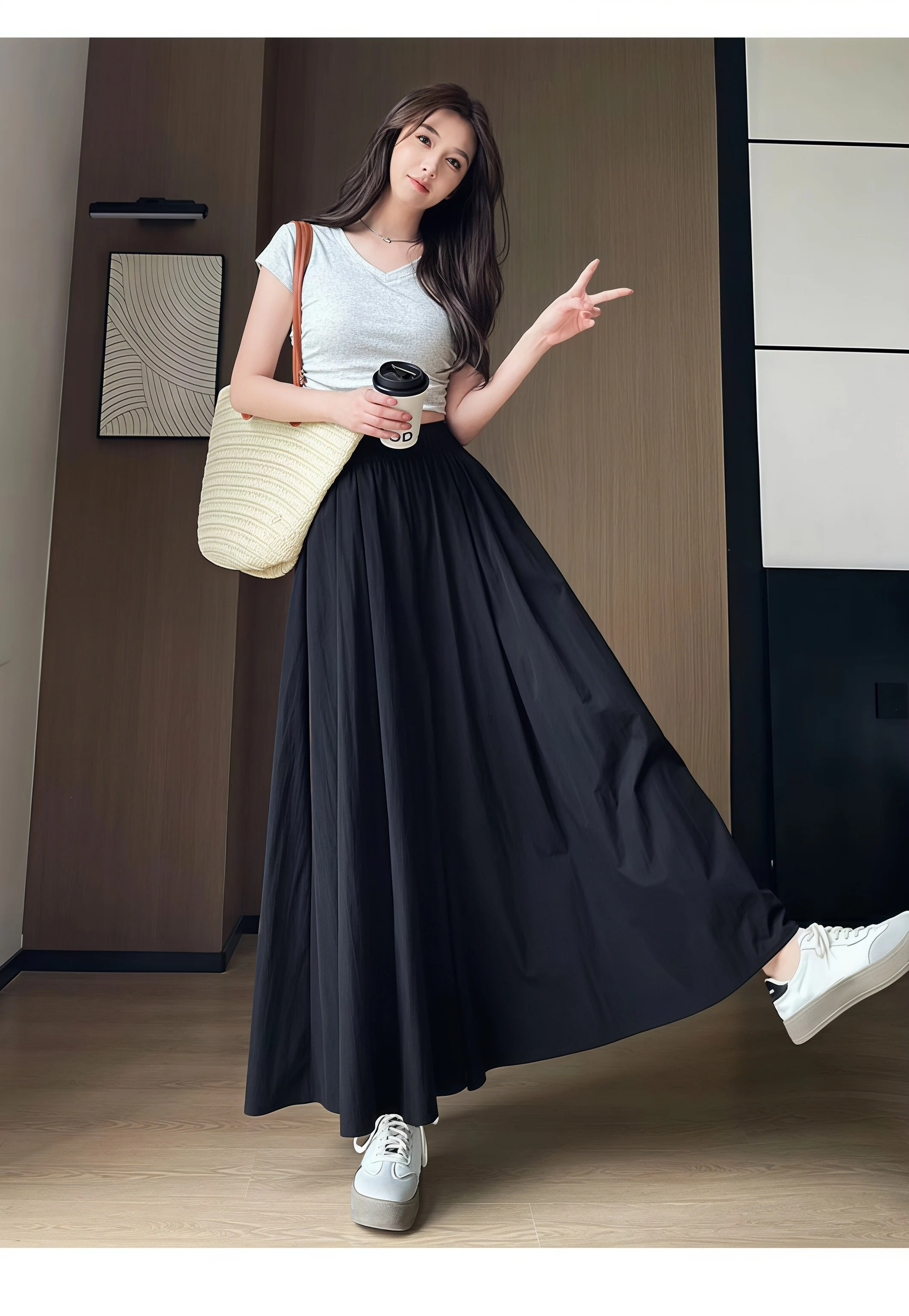 Women Summer Ice Silk Skirt Pants High Waist Elastic Pleated Wide Leg Pants Loose Flowy Lightweight Casual Long Palazzo Trousers