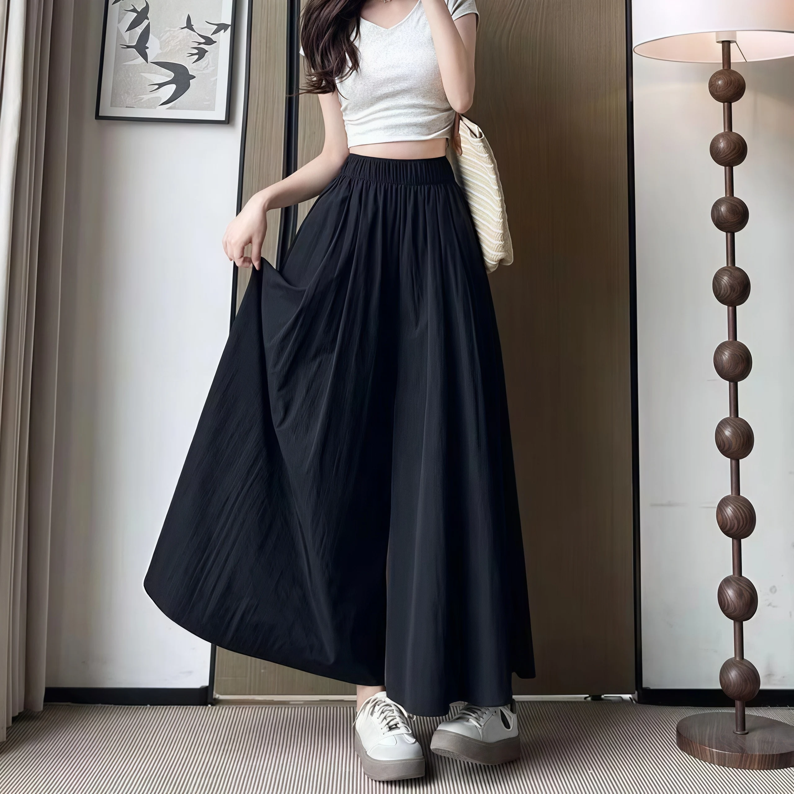 Women Summer Ice Silk Skirt Pants High Waist Elastic Pleated Wide Leg Pants Loose Flowy Lightweight Casual Long Palazzo Trousers