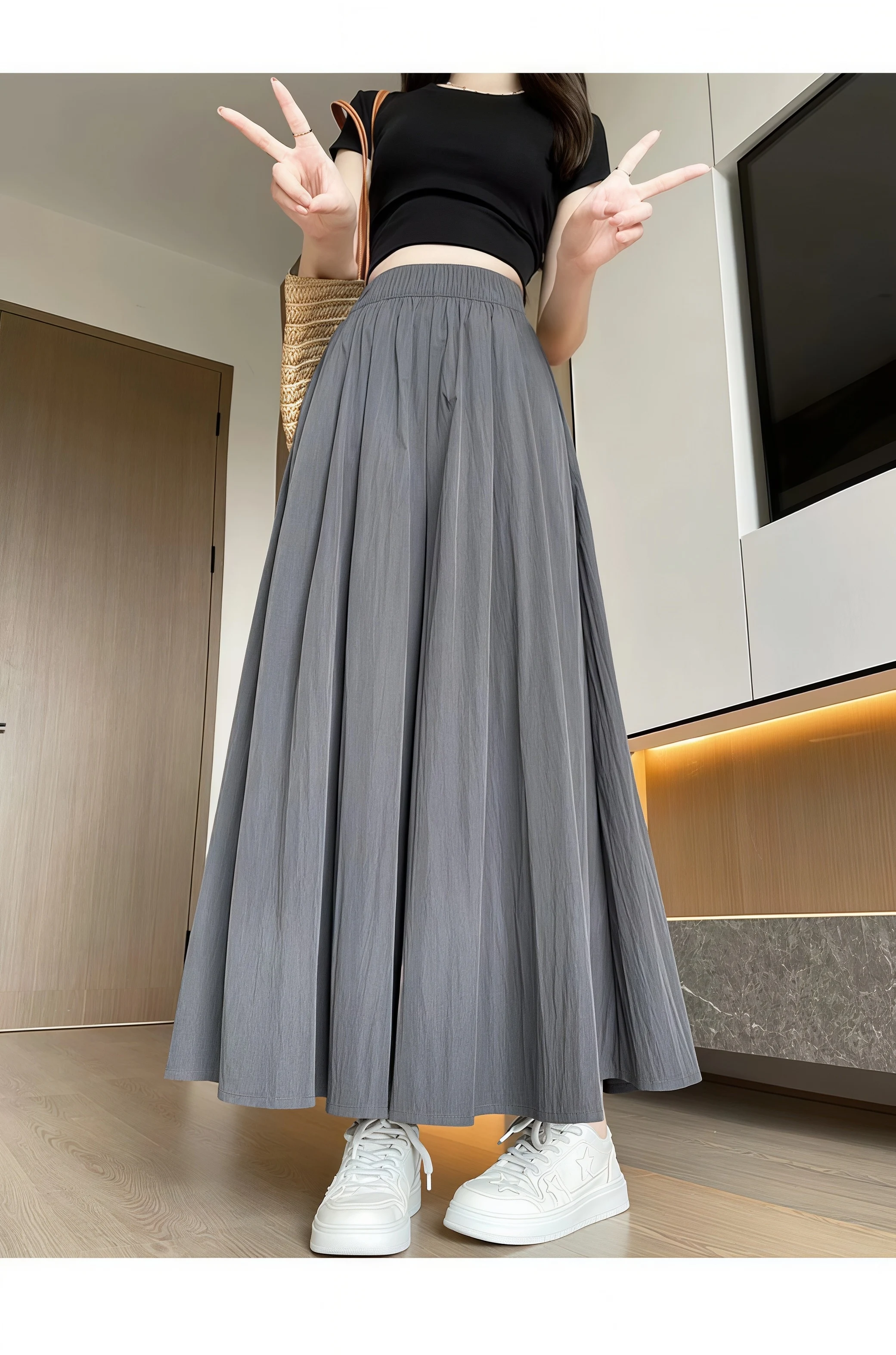 Women Summer Ice Silk Skirt Pants High Waist Elastic Pleated Wide Leg Pants Loose Flowy Lightweight Casual Long Palazzo Trousers