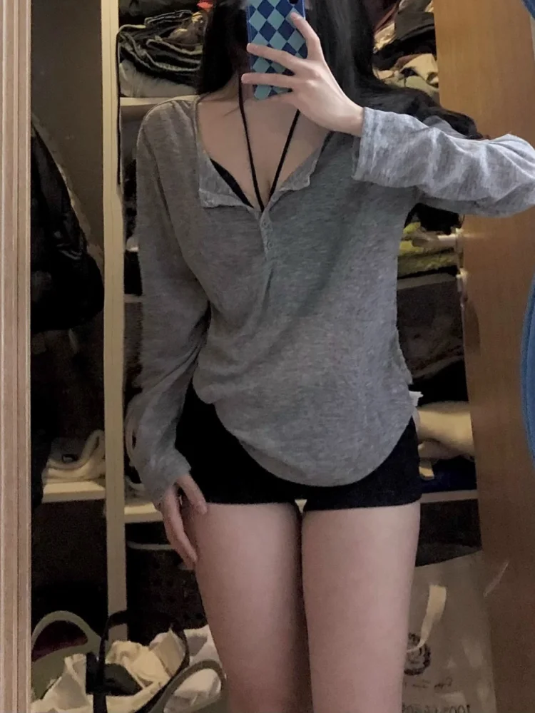 Sexy Pullovers Women T-shirts Casual Tops Long Sleeve Basic Clothes Autumn All-match Simple Tee Shirt Slim Gentle Seductive