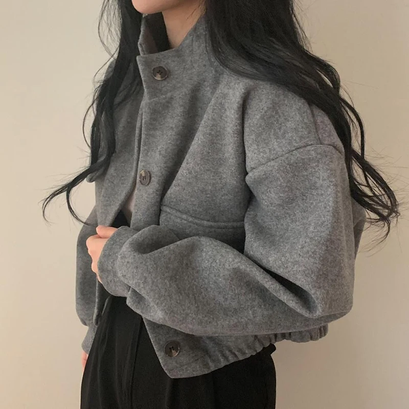 Trendy Women's Loose Stand Collar Button Streetwear Jacket Casual Outerwear Autumn Vintage Crop Tops Winter Imitation Wool Coat