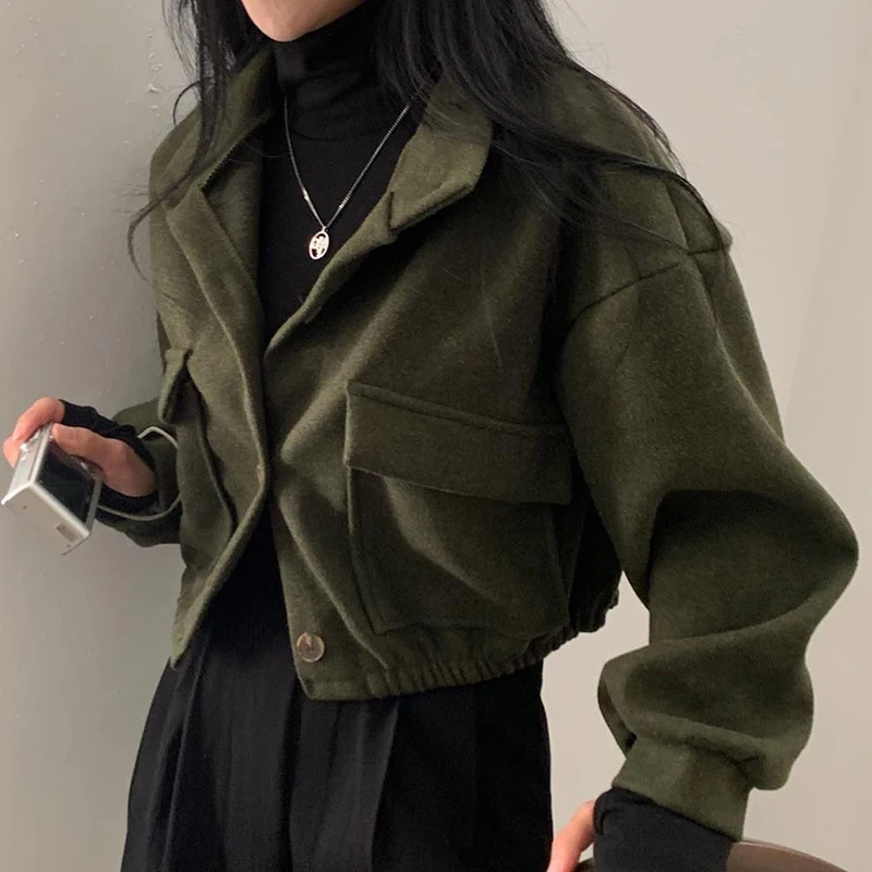 Trendy Women's Loose Stand Collar Button Streetwear Jacket Casual Outerwear Autumn Vintage Crop Tops Winter Imitation Wool Coat