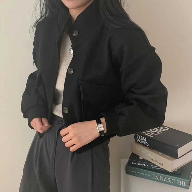 Trendy Women's Loose Stand Collar Button Streetwear Jacket Casual Outerwear Autumn Vintage Crop Tops Winter Imitation Wool Coat