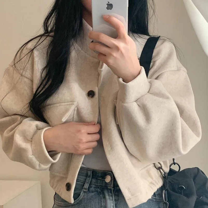 Trendy Women's Loose Stand Collar Button Streetwear Jacket Casual Outerwear Autumn Vintage Crop Tops Winter Imitation Wool Coat