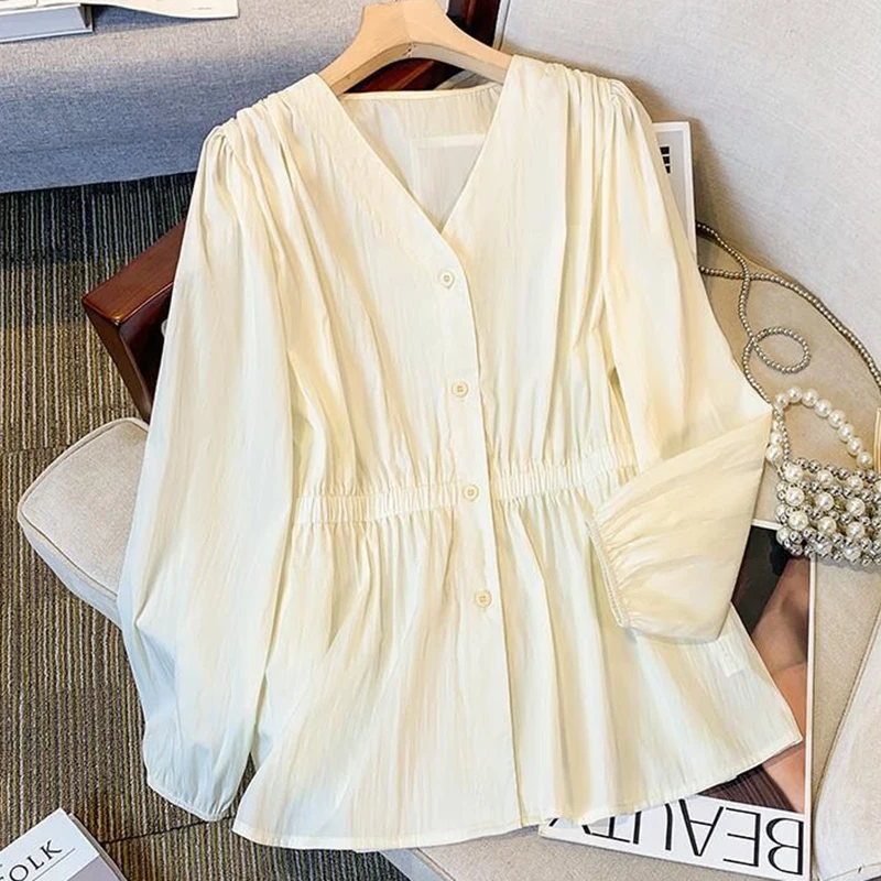 200 Pounds Plus Size Solid V-neck Elastic Waist Long Sleeved Single Breasted Shirt And Blouse Simple Top Casual Women‘s Clothes