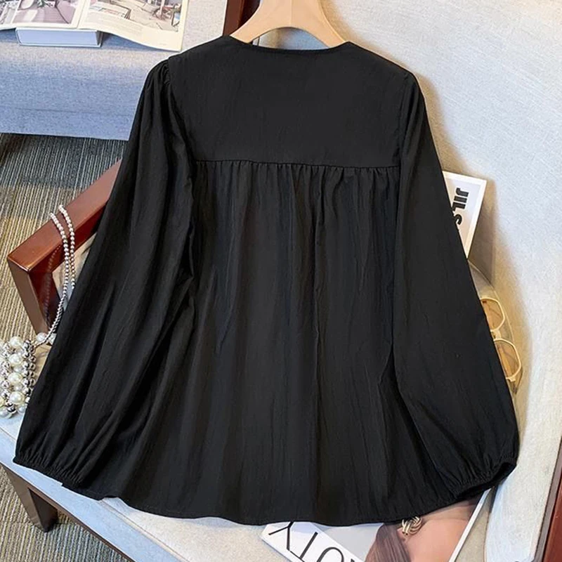 200 Pounds Plus Size Solid V-neck Elastic Waist Long Sleeved Single Breasted Shirt And Blouse Simple Top Casual Women‘s Clothes