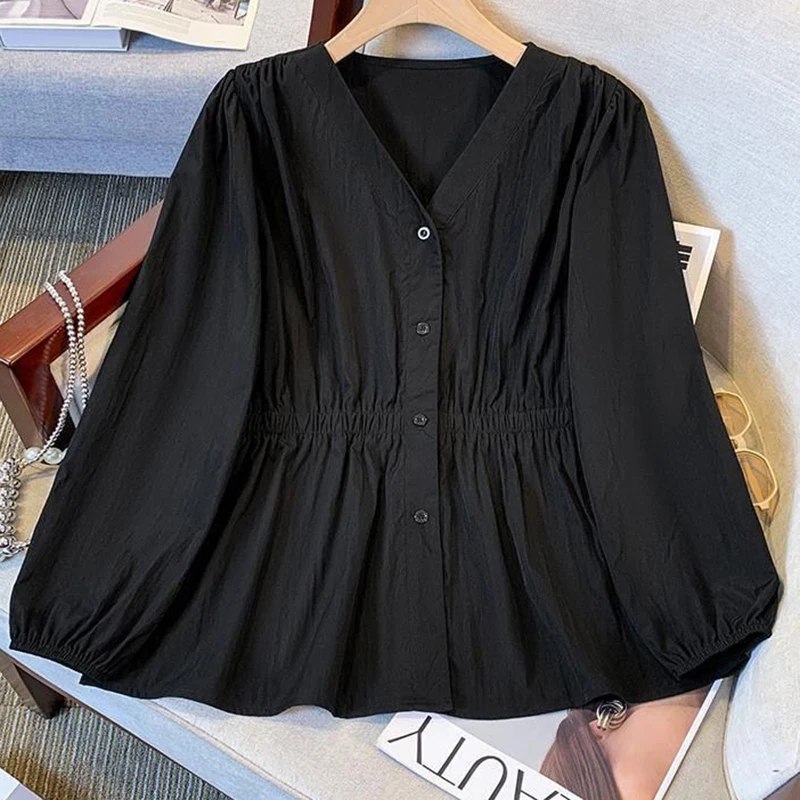 200 Pounds Plus Size Solid V-neck Elastic Waist Long Sleeved Single Breasted Shirt And Blouse Simple Top Casual Women‘s Clothes