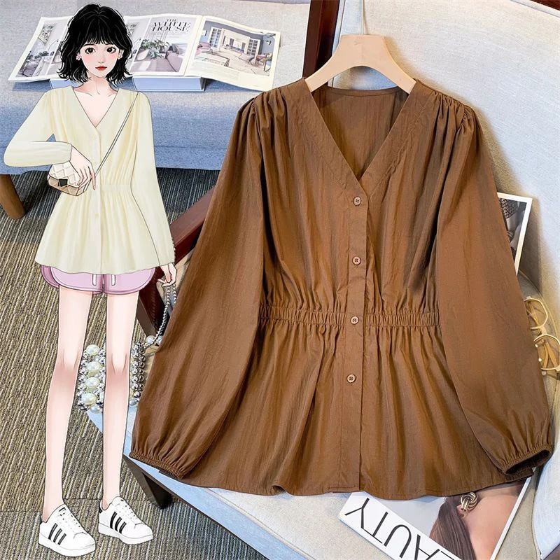 200 Pounds Plus Size Solid V-neck Elastic Waist Long Sleeved Single Breasted Shirt And Blouse Simple Top Casual Women‘s Clothes