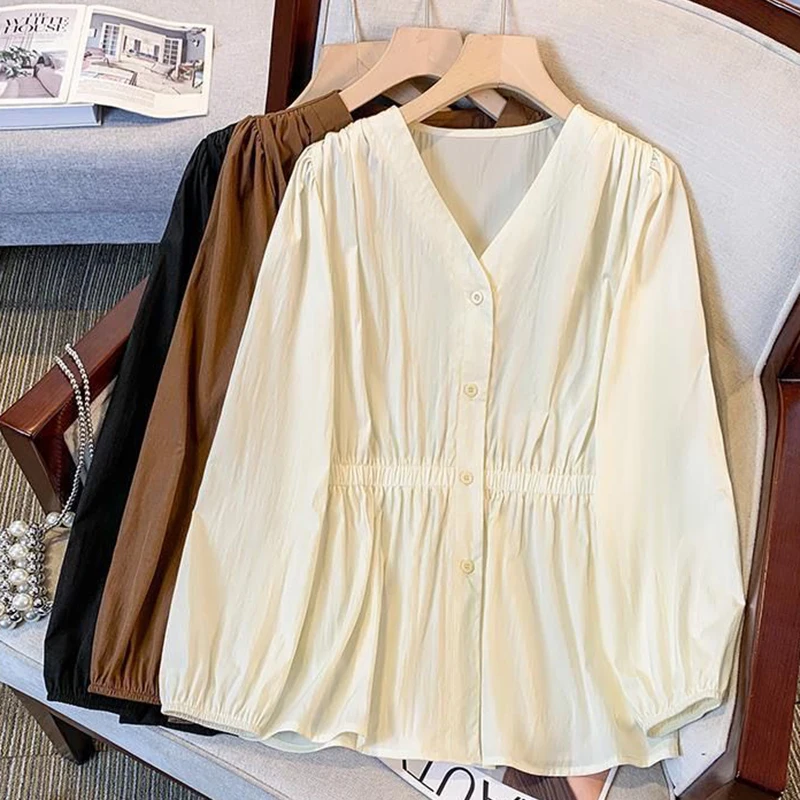 200 Pounds Plus Size Solid V-neck Elastic Waist Long Sleeved Single Breasted Shirt And Blouse Simple Top Casual Women‘s Clothes