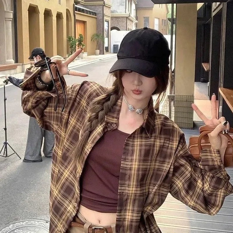 Harajuku Oversize Loose Plaid Shirts Female Lazy Style Long Sleeve Out Wear Casual Blouses Vintage All-match Students Shirt