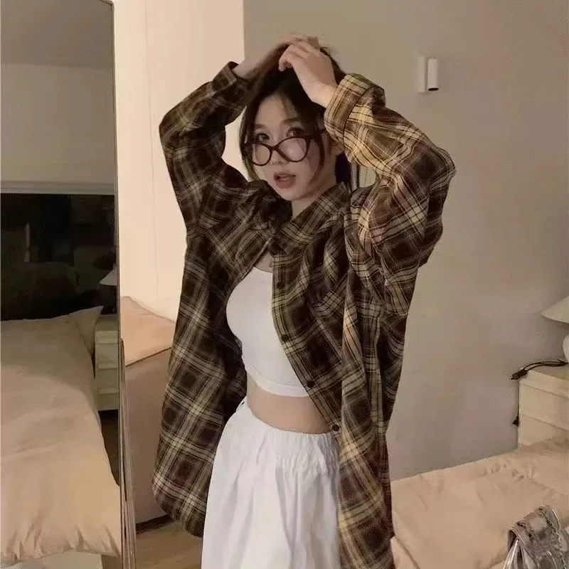 Harajuku Oversize Loose Plaid Shirts Female Lazy Style Long Sleeve Out Wear Casual Blouses Vintage All-match Students Shirt