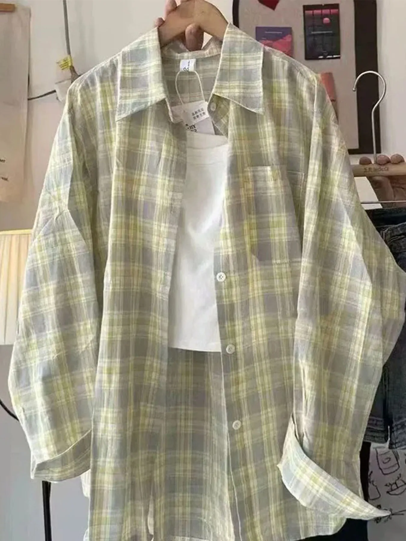 Harajuku Oversize Loose Plaid Shirts Female Lazy Style Long Sleeve Out Wear Casual Blouses Vintage All-match Students Shirt