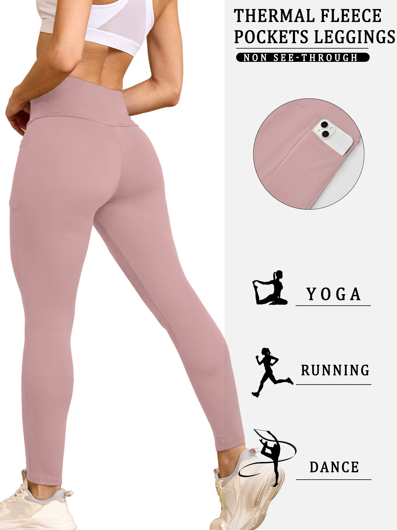 High Waisted Winter Leggings with Pockets for Women - Thermal Fleece Lined Tummy Control Thick Warm Tights Workout Running