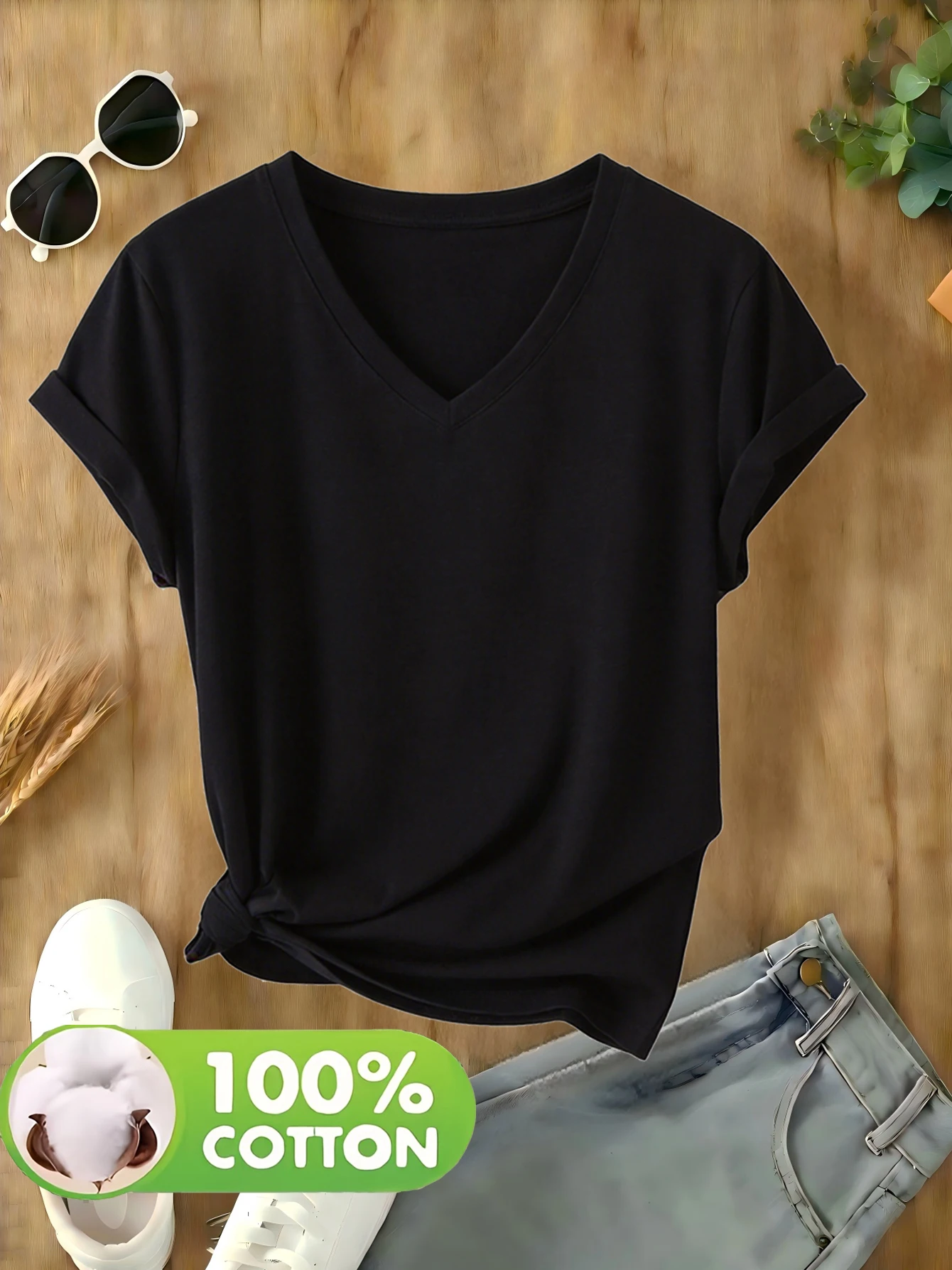 100% Cotton, Single Piece, Women’s Solid-Colored V-Neck T-Shirt, Cotton Fabric, Comfortable and Breathable,