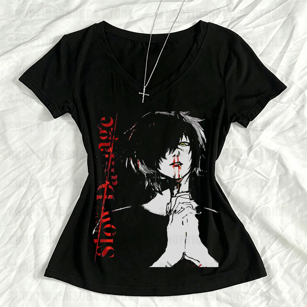 Vintage clothing, Gothic aesthetic clothing, Gothic Emo anime girl Harajuku Y2k women's T-shirt, 2000s T-shirt Y2k Top 90s