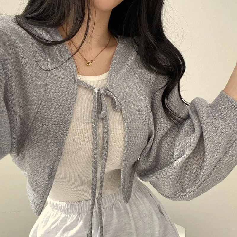White Knitted Cardigan for Women Summer Thin Sunscreen Lace-Up Knitwear Tops Female Fashion Korean Lantern Sleeve Short Coat