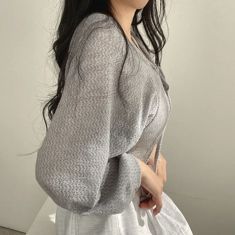 White Knitted Cardigan for Women Summer Thin Sunscreen Lace-Up Knitwear Tops Female Fashion Korean Lantern Sleeve Short Coat