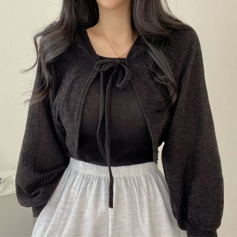 White Knitted Cardigan for Women Summer Thin Sunscreen Lace-Up Knitwear Tops Female Fashion Korean Lantern Sleeve Short Coat