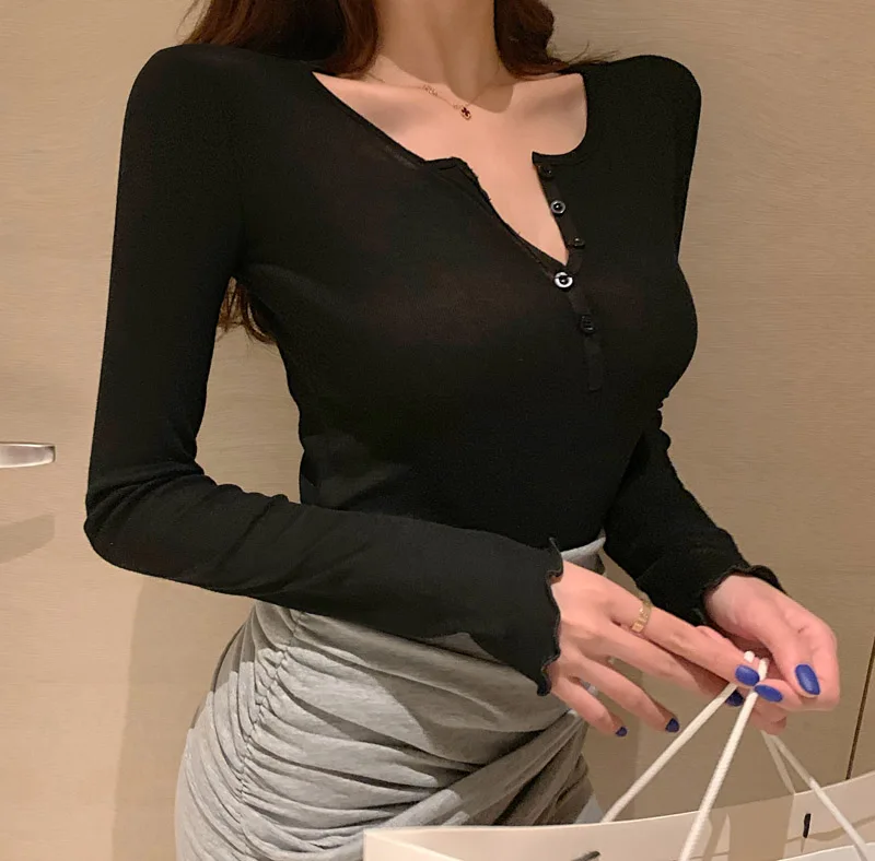 Korean fashion women's thin autumn top sexy club slim fit T-shirt women's clothing cotton long sleeved Camisetas De Mujer