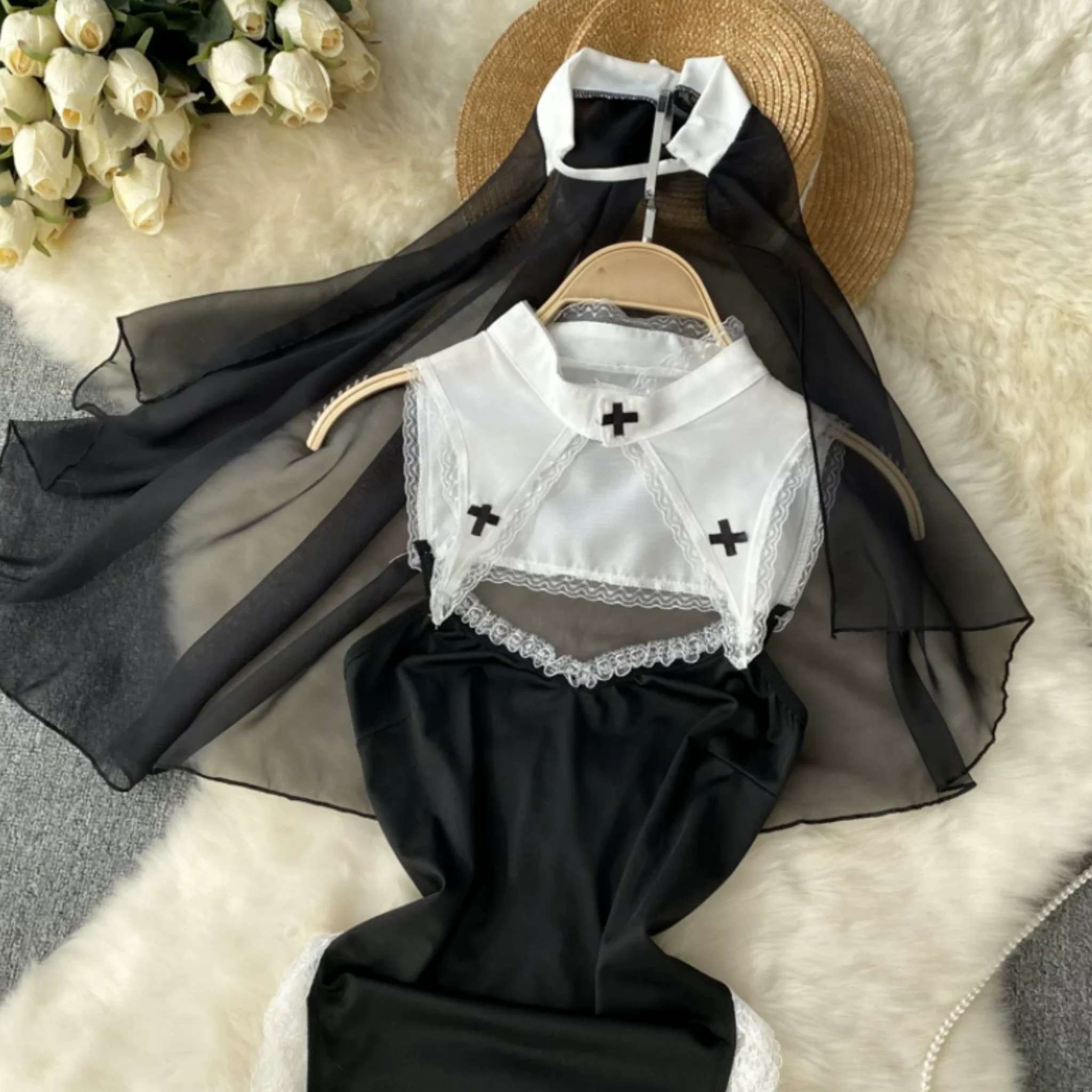 Woman Trend Cosplay Nun Dresses Halter Mesh Patchwork Lace Slimming Dress New Vintage Midi Dress Fashion Sexy Club Black Dress