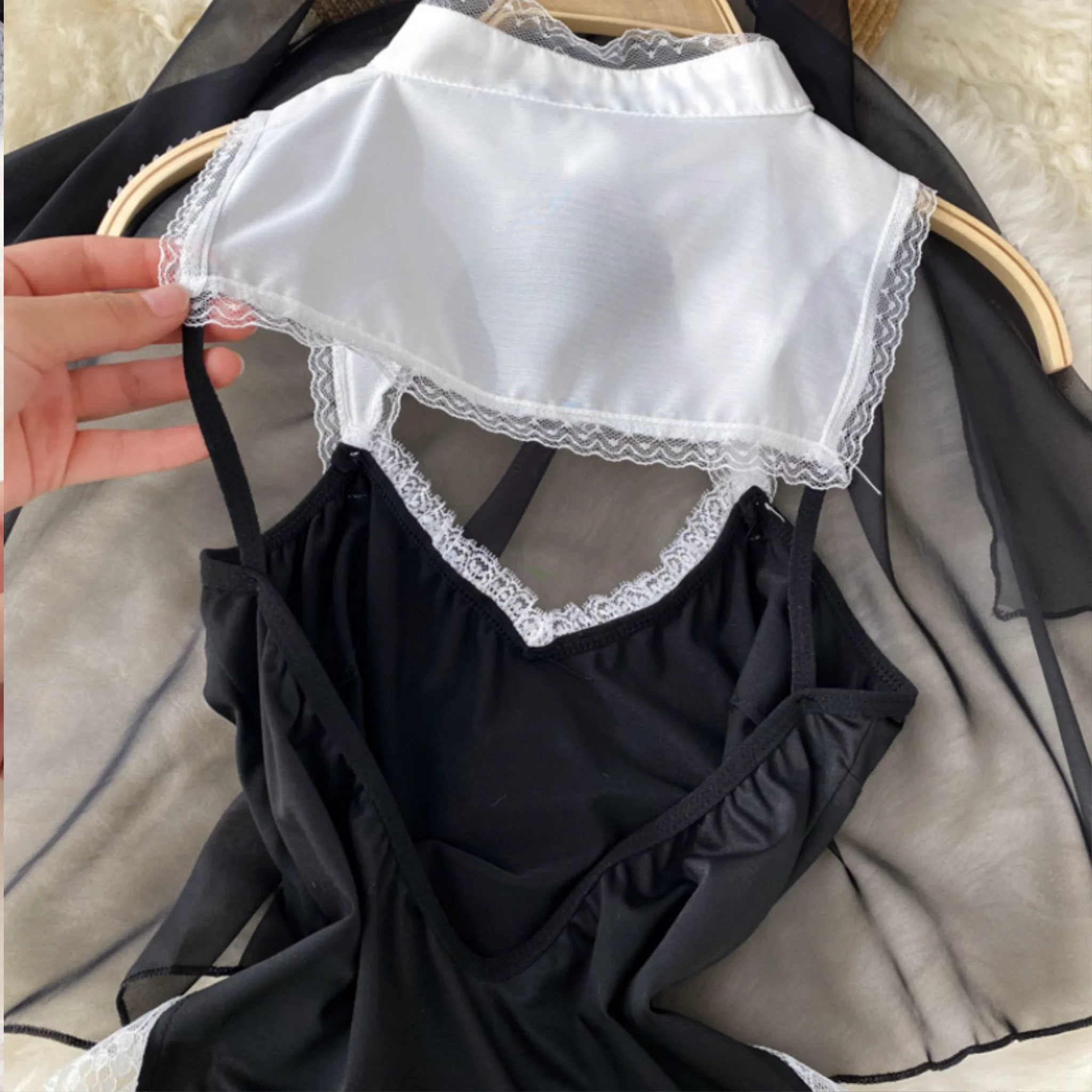 Woman Trend Cosplay Nun Dresses Halter Mesh Patchwork Lace Slimming Dress New Vintage Midi Dress Fashion Sexy Club Black Dress