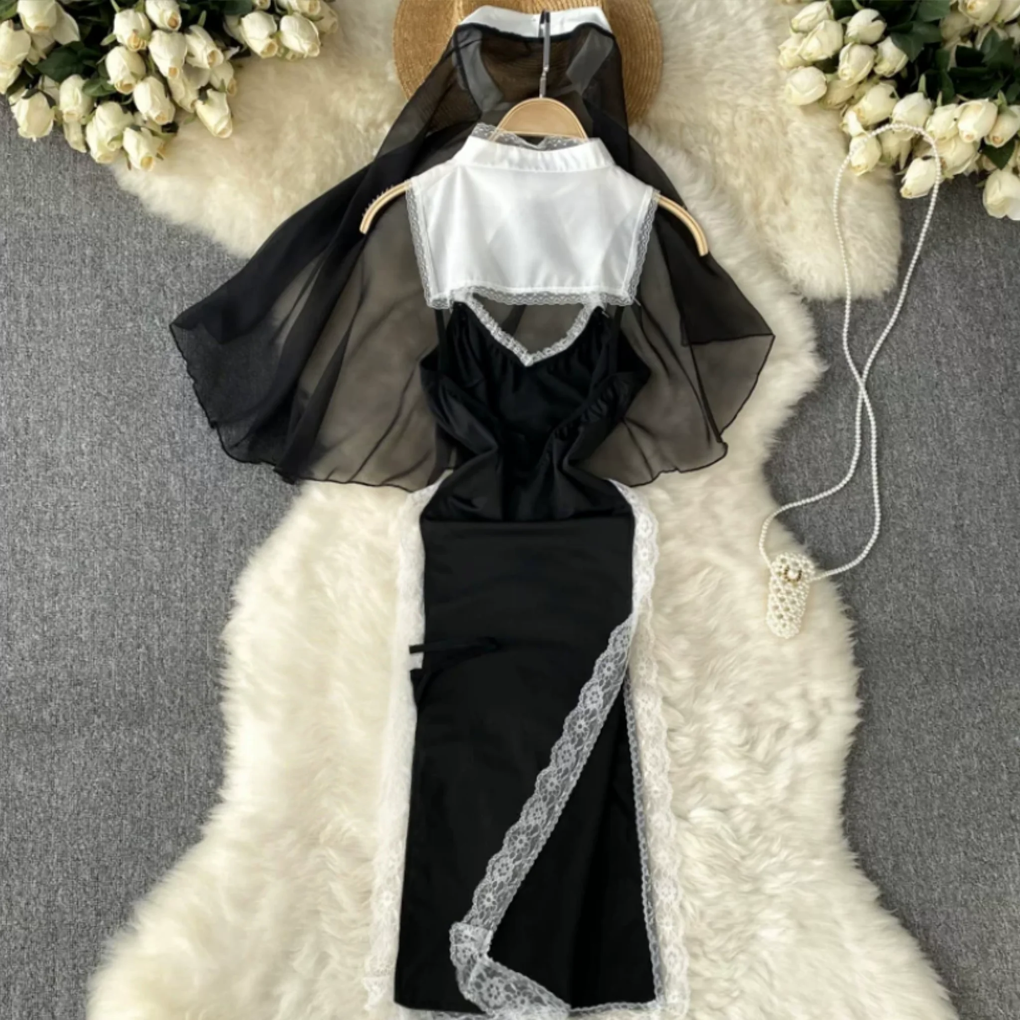 Woman Trend Cosplay Nun Dresses Halter Mesh Patchwork Lace Slimming Dress New Vintage Midi Dress Fashion Sexy Club Black Dress