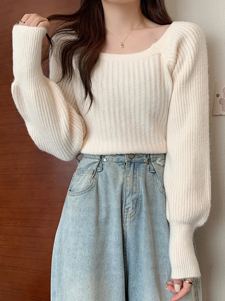 Autumn Winter Loose Women Sweaters Casual Soft Long Puff Sleeve Pullovers Jumpers Knitwear Basic Sweater For Women Tops