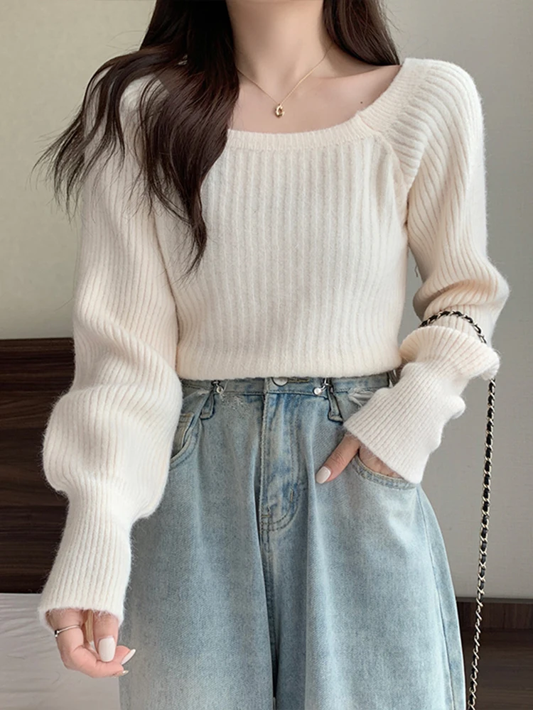 Autumn Winter Loose Women Sweaters Casual Soft Long Puff Sleeve Pullovers Jumpers Knitwear Basic Sweater For Women Tops