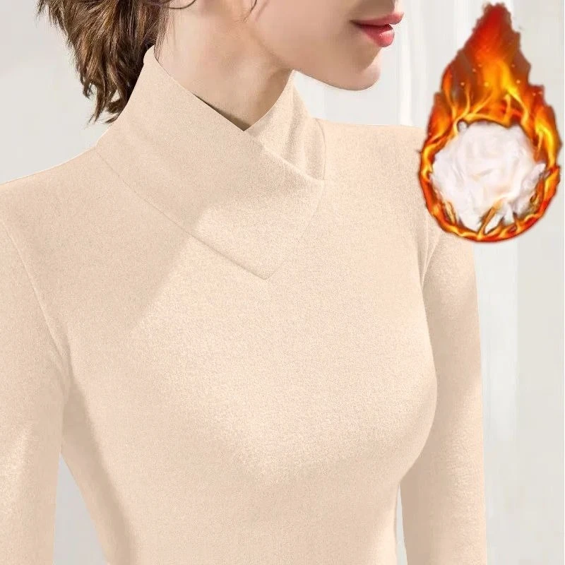 Autumn Winter New Semi High Neck V-neck Women's T-shirt Fleece Wearing Inside Women's Thermal Underwear Women Clothing