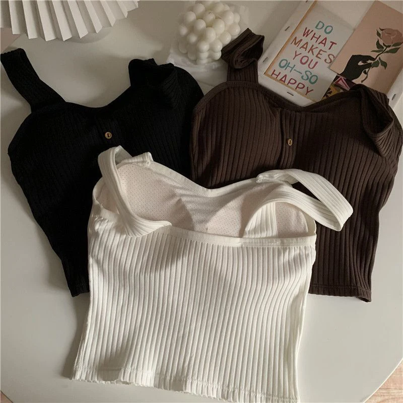Women's Y2K Cropped Tops with Bra Pads Summer Corset Korean Suspenders Vest Sexy Camisole Slim Solid Casual Fake Buckle Tops