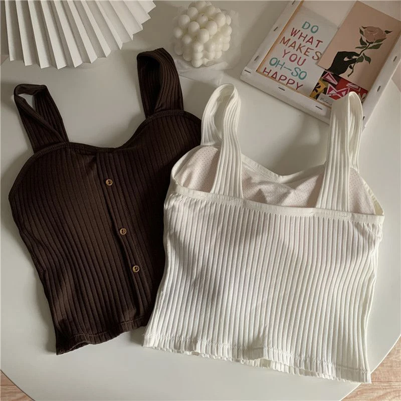 Women's Y2K Cropped Tops with Bra Pads Summer Corset Korean Suspenders Vest Sexy Camisole Slim Solid Casual Fake Buckle Tops