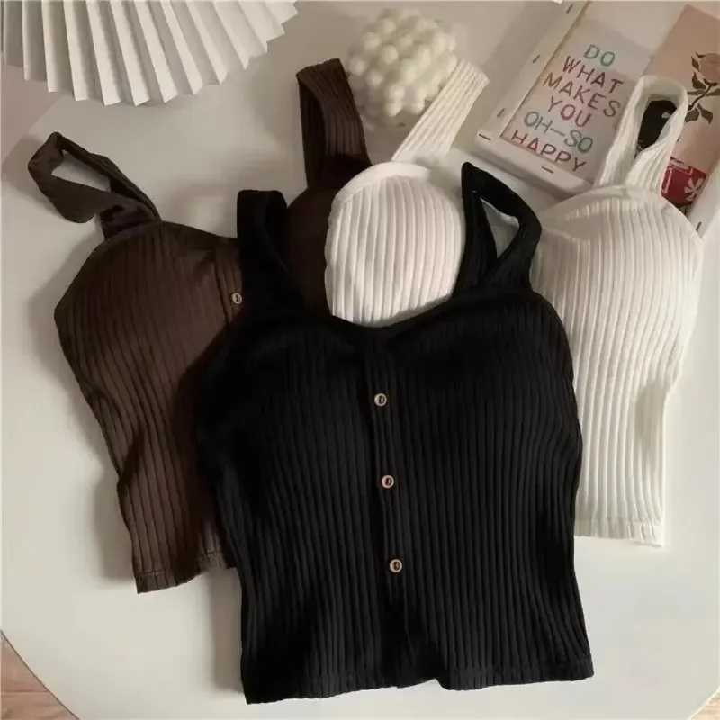 Women's Y2K Cropped Tops with Bra Pads Summer Corset Korean Suspenders Vest Sexy Camisole Slim Solid Casual Fake Buckle Tops