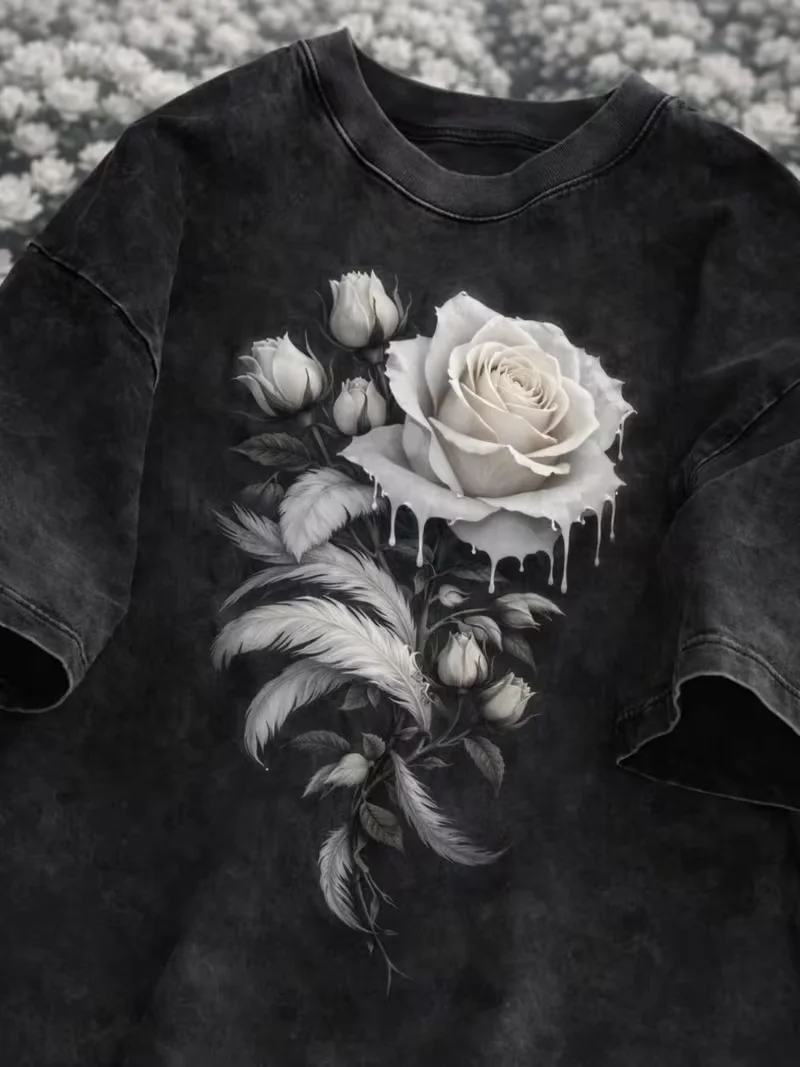 Dark Black Rose Graphic Print T Shirt Washed Vintage Casual Loose Streetwear Daily Wear Short Sleeve Goth Top for Women