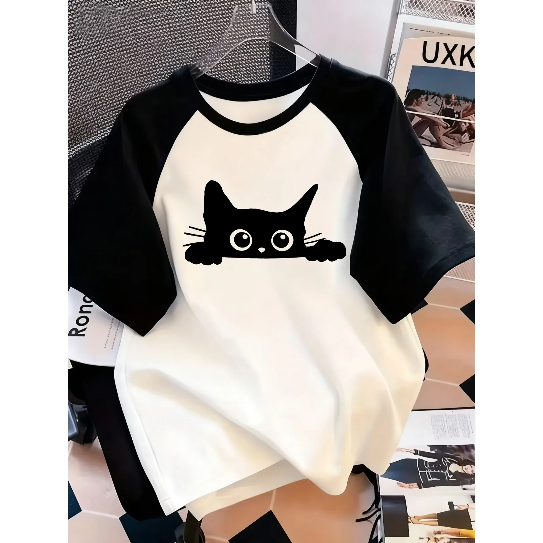 Kawaii T Shirt Retro Black Cat Letter Print Crew Neck T-Shirt Casual Short Sleeve Top for Spring Summer Women's Clothing