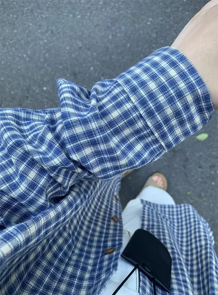 Women's Vintage Casual American Street Shirt Long Sleeve Slim Fit Tops Button Down Fashion Plaid Shirts Lapel Neck Autumn New