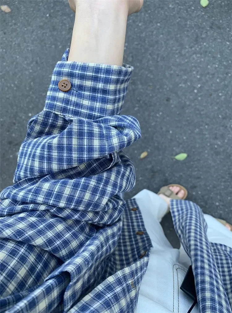 Women's Vintage Casual American Street Shirt Long Sleeve Slim Fit Tops Button Down Fashion Plaid Shirts Lapel Neck Autumn New