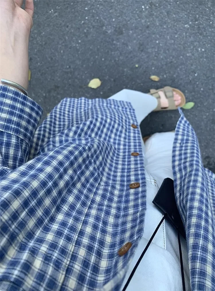 Women's Vintage Casual American Street Shirt Long Sleeve Slim Fit Tops Button Down Fashion Plaid Shirts Lapel Neck Autumn New