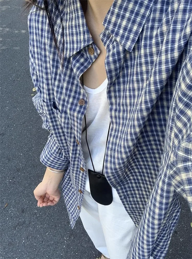 Women's Vintage Casual American Street Shirt Long Sleeve Slim Fit Tops Button Down Fashion Plaid Shirts Lapel Neck Autumn New