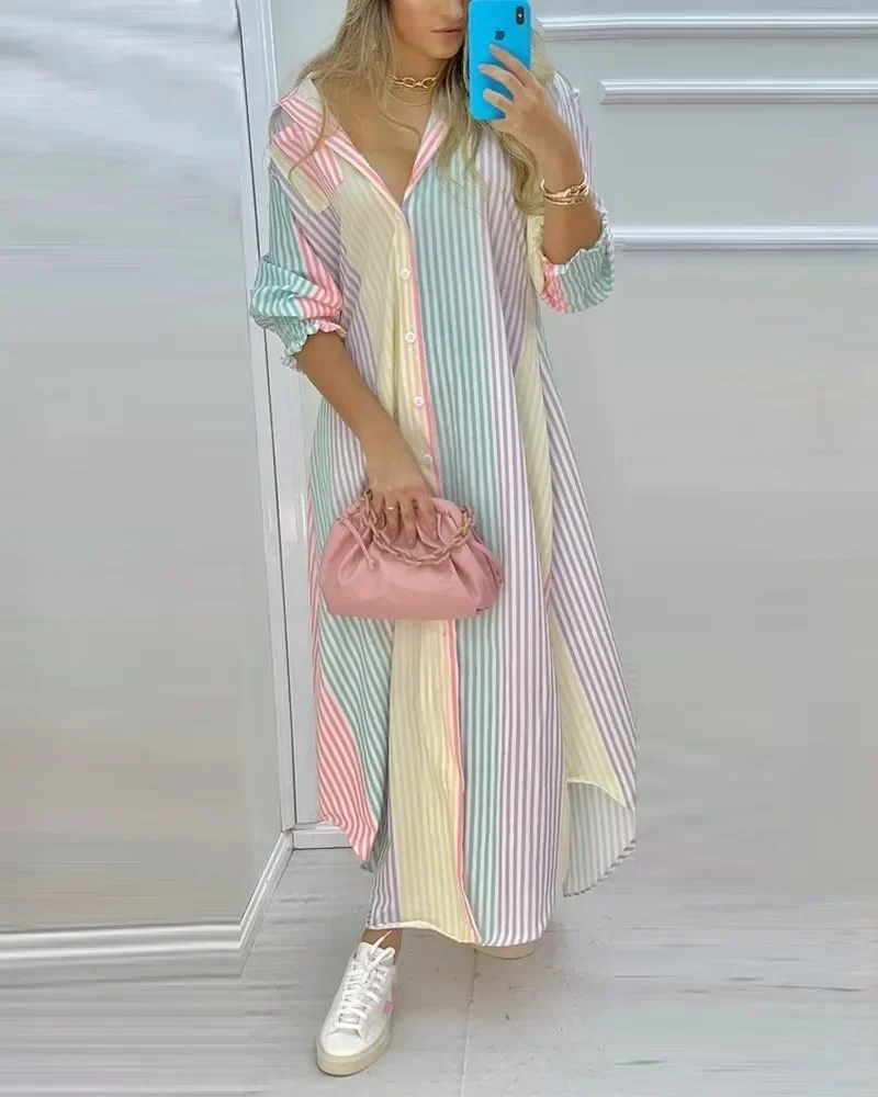 Women Lapel Collar Long Sleeve Leaf Print Button Front Split Maxi Shirt Dress Casual Daily Commuter Cover Up
