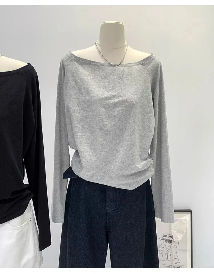 Autumn Winter One Shoulder Cotton Long Sleeve Slant Shoulder Women's Clothing Style Interior Wide Truffle Shoulder Base Shirt