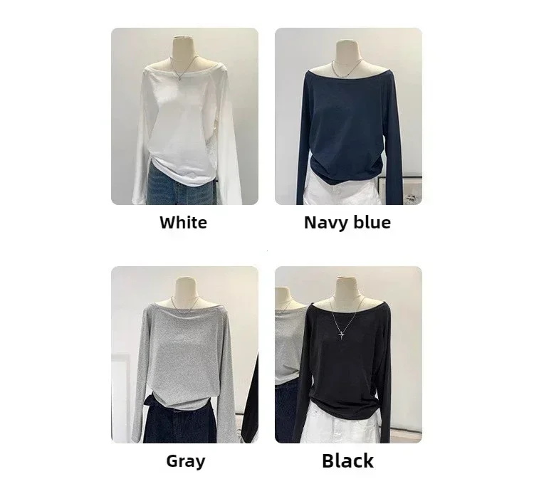 Autumn Winter One Shoulder Cotton Long Sleeve Slant Shoulder Women's Clothing Style Interior Wide Truffle Shoulder Base Shirt