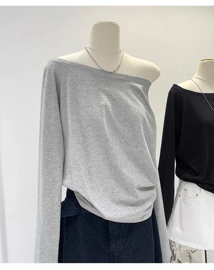 Autumn Winter One Shoulder Cotton Long Sleeve Slant Shoulder Women's Clothing Style Interior Wide Truffle Shoulder Base Shirt