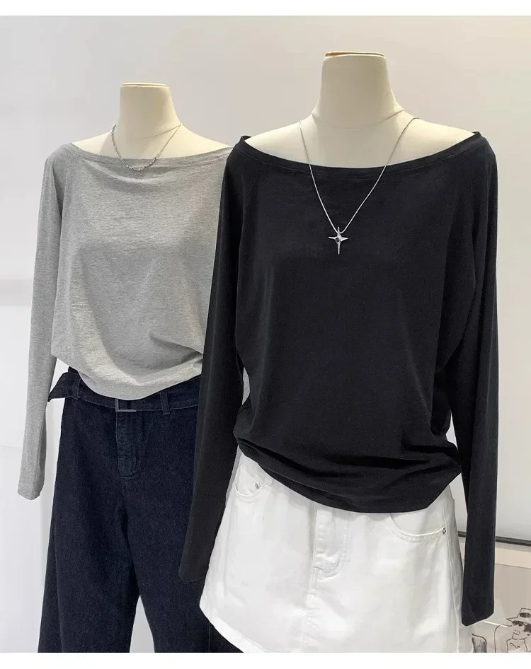 Autumn Winter One Shoulder Cotton Long Sleeve Slant Shoulder Women's Clothing Style Interior Wide Truffle Shoulder Base Shirt