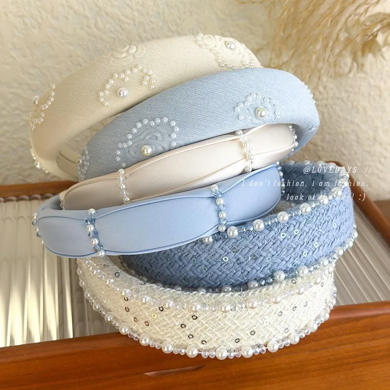 2025 Retro Rose Print Pearl Crystal Headband Women Elegant Hair Band Girl Sweet Beige Blue Hair Hoop Lady Party Hair Accessories