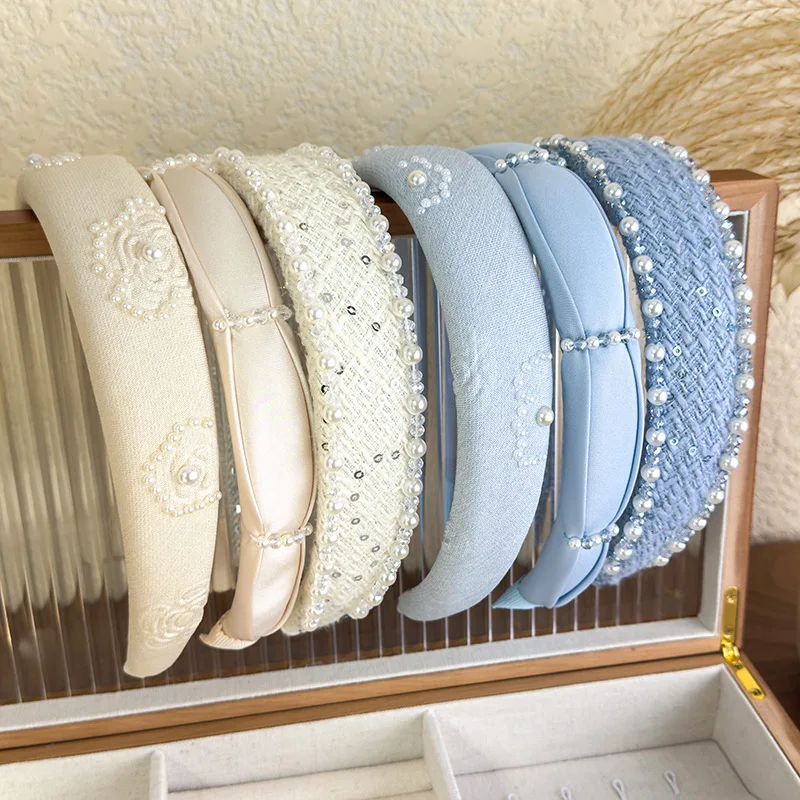 2025 Retro Rose Print Pearl Crystal Headband Women Elegant Hair Band Girl Sweet Beige Blue Hair Hoop Lady Party Hair Accessories