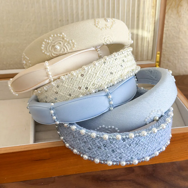 2025 Retro Rose Print Pearl Crystal Headband Women Elegant Hair Band Girl Sweet Beige Blue Hair Hoop Lady Party Hair Accessories