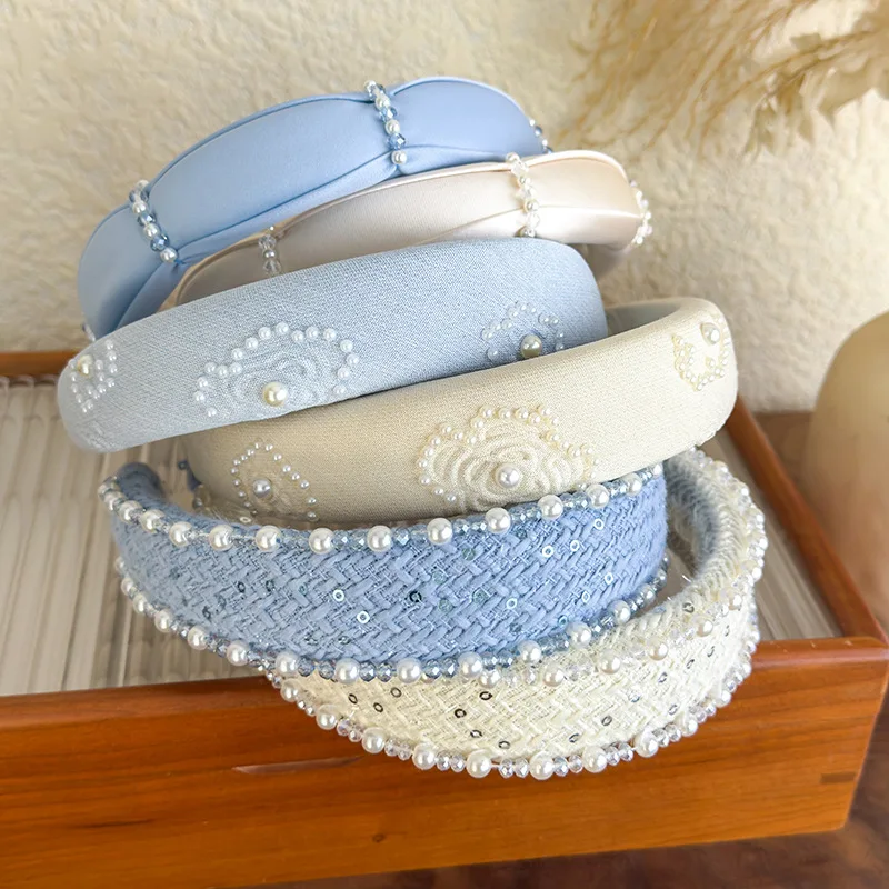 2025 Retro Rose Print Pearl Crystal Headband Women Elegant Hair Band Girl Sweet Beige Blue Hair Hoop Lady Party Hair Accessories