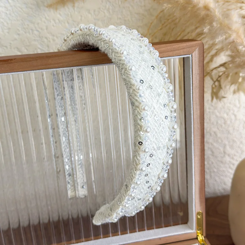 2025 Retro Rose Print Pearl Crystal Headband Women Elegant Hair Band Girl Sweet Beige Blue Hair Hoop Lady Party Hair Accessories